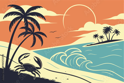 46 Beach scene, silhouette of crab, palm trees, golden sunset, sand dunes, ocean waves, tropical island, minimalist style, flat design, vector illustration, vibrant colors, orange sky, blue water, bla