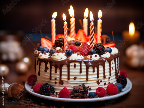 Classic birthday cake with candles and sprinkles