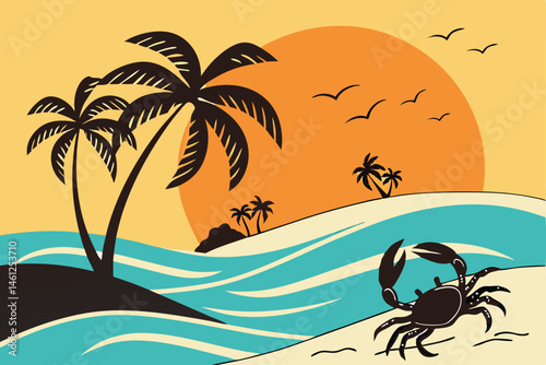 46 Beach scene, silhouette of crab, palm trees, golden sunset, sand dunes, ocean waves, tropical island, minimalist style, flat design, vector illustration, vibrant colors, orange sky, blue water, bla