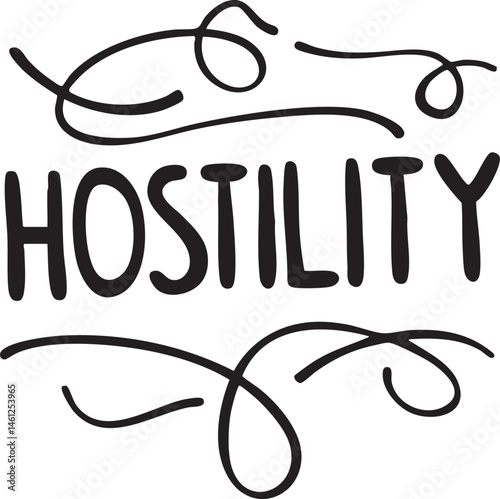 Bold stylized word 'Hostility' rendered in black ink with swirling decorative flourishes.