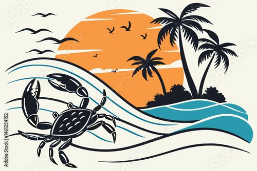 46 Beach scene, silhouette of crab, palm trees, golden sunset, sand dunes, ocean waves, tropical island, minimalist style, flat design, vector illustration, vibrant colors, orange sky, blue water, bla