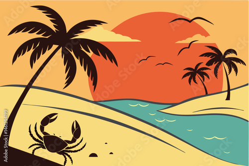 46 Beach scene, silhouette of crab, palm trees, golden sunset, sand dunes, ocean waves, tropical island, minimalist style, flat design, vector illustration, vibrant colors, orange sky, blue water, bla