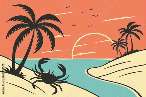 46 Beach scene, silhouette of crab, palm trees, golden sunset, sand dunes, ocean waves, tropical island, minimalist style, flat design, vector illustration, vibrant colors, orange sky, blue water, bla