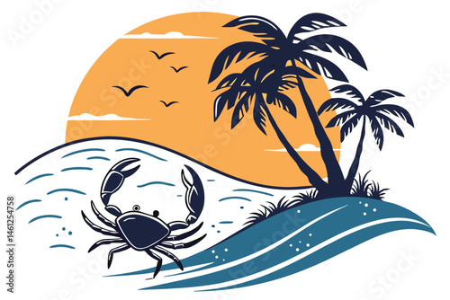 46 Beach scene, silhouette of crab, palm trees, golden sunset, sand dunes, ocean waves, tropical island, minimalist style, flat design, vector illustration, vibrant colors, orange sky, blue water, bla