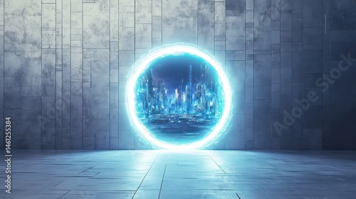 Futuristic Glowing Portal to High-Tech Sci-Fi City in Minimalist Sci-Fi Room – Digital Gateway to Virtual Metropolis