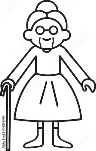 An elderly woman stands with a walking cane.