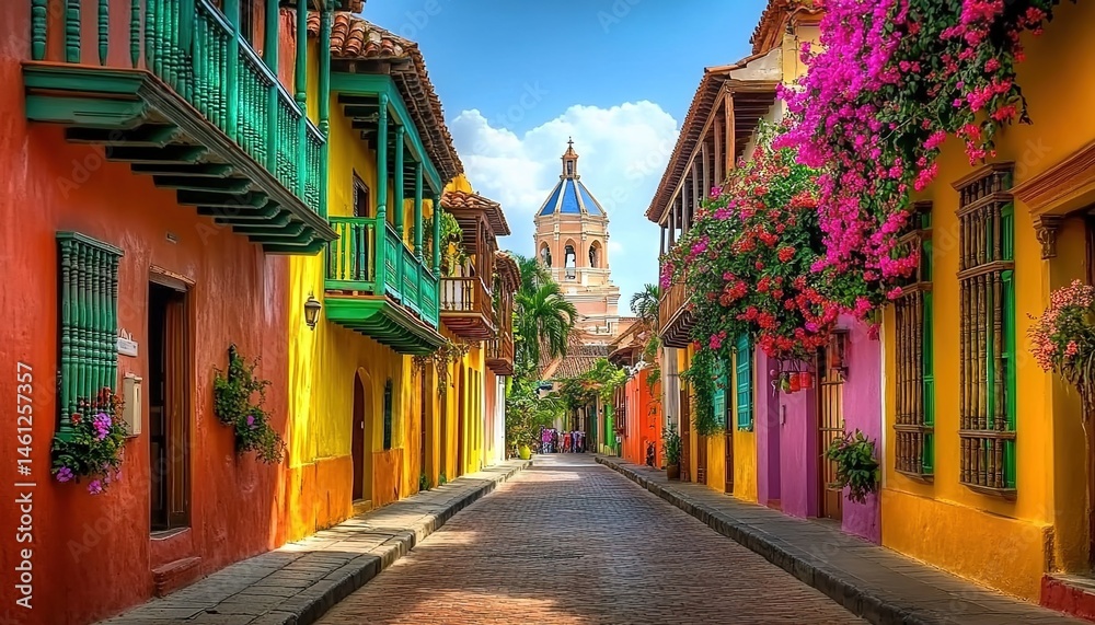 Fototapeta premium A colorful stone-paved street with vibrant buildings, green balconies adorned with flowers, potted plants, and a distant white building with a blue dome.