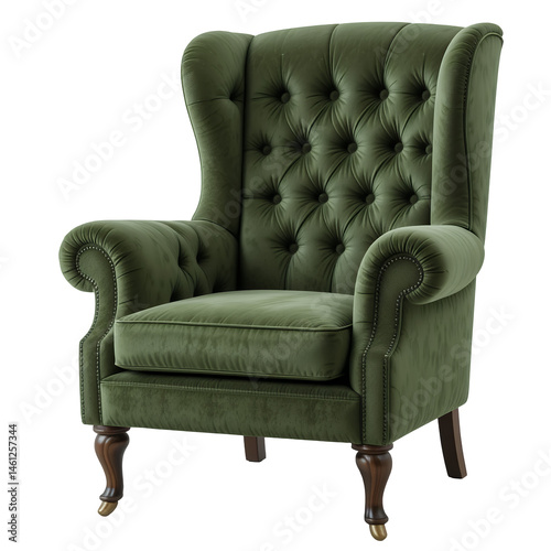 A deep green velvet armchair with dramatic tufted back and wooden legs, combining comfort with vintage luxury, isolated on white background