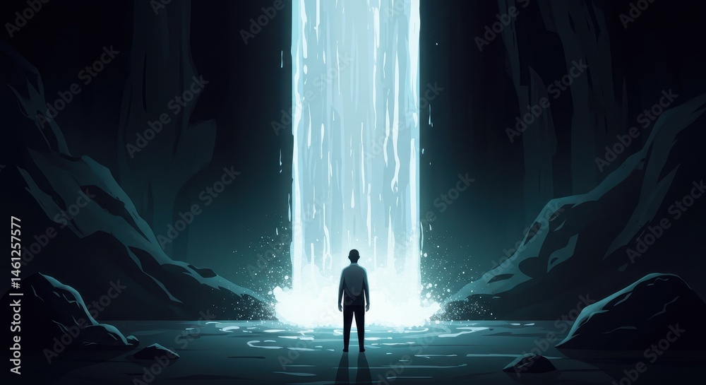Fototapeta premium Solitude by a Majestic Waterfall: A Man Contemplates Nature's Grandeur