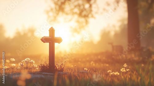 Golden Autumn Sunrise bathes Cross in Meadow, Signifying Peace and Renewal