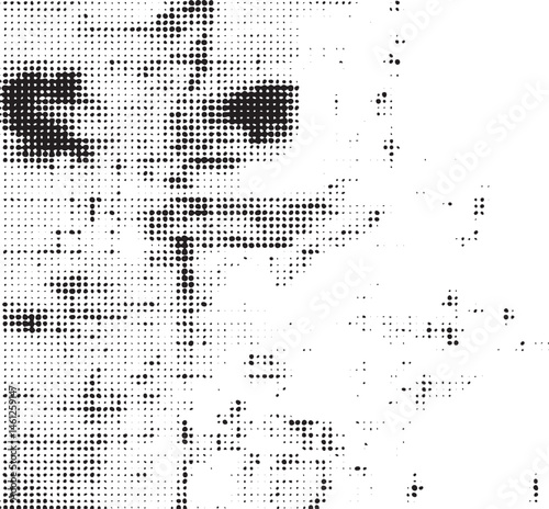 A grayscale portrait of a young person's face is created using a dot
