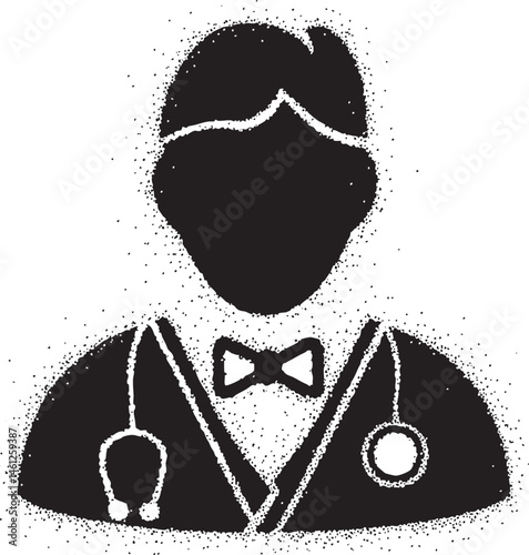 A silhouetted doctor wears a bow tie and holds medical instruments.