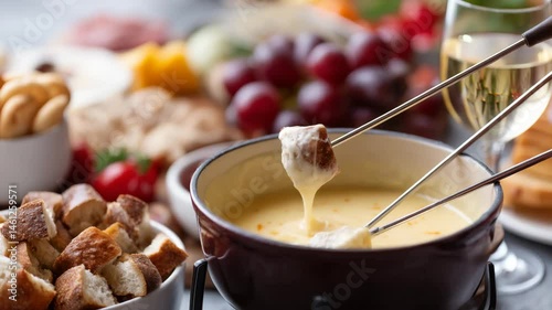 A delightful cheese fondue pot with bread cubes being dipped into the creamy mixture amidst an array of tasty appetizers and accompaniments for a gathering.
