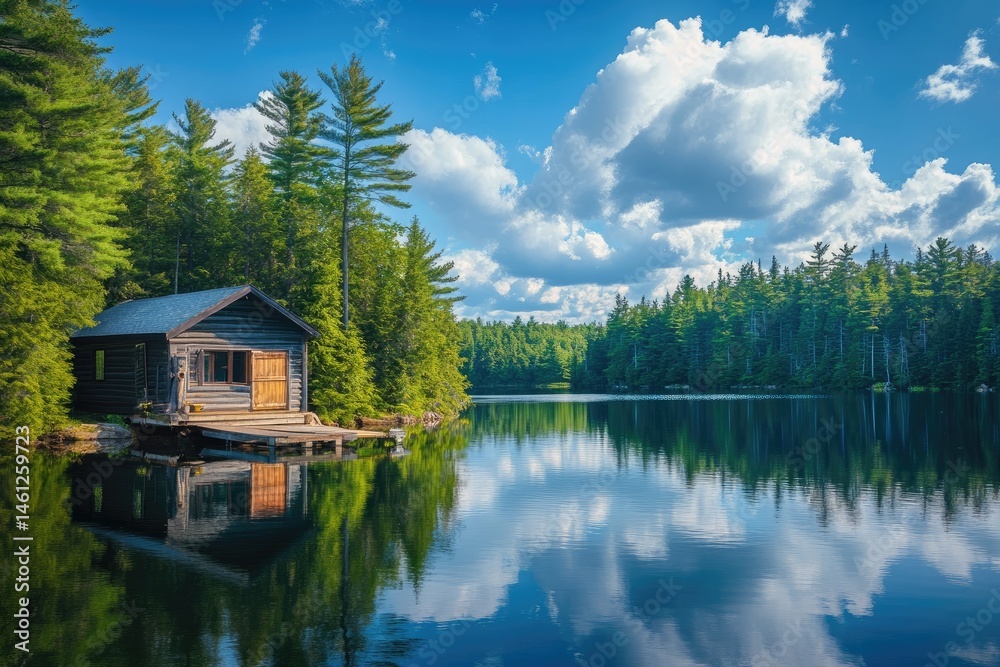 Peaceful cabin nestled on a serene lake, surrounded by lush forest under a vibrant blue sky