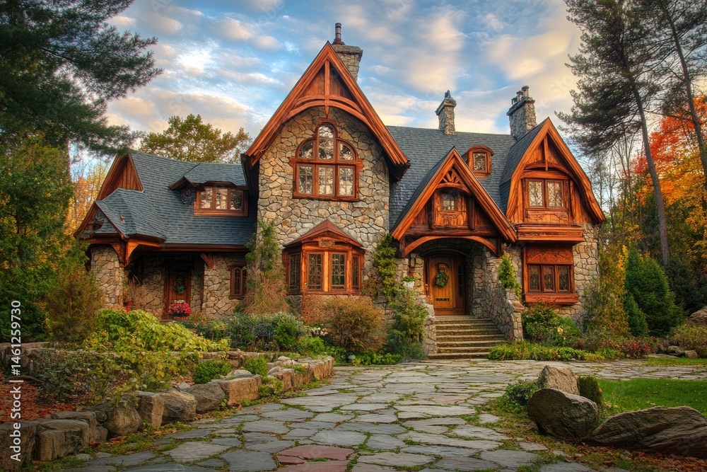 Charming stone house in autumn foliage