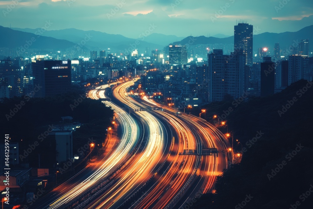 Night city highway, lights streaking