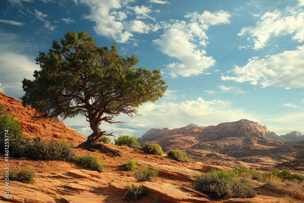Desert landscape, lone tree, dramatic sky