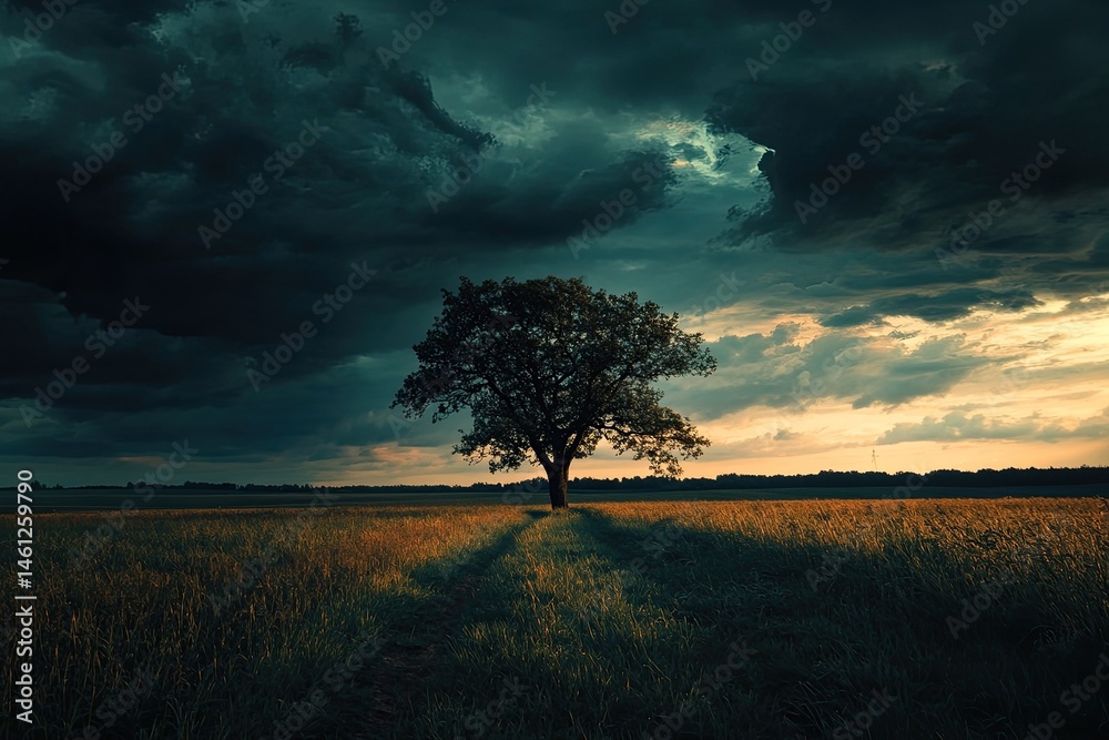 A solitary tree stands amidst a field as a dramatic storm clouds gather overhead