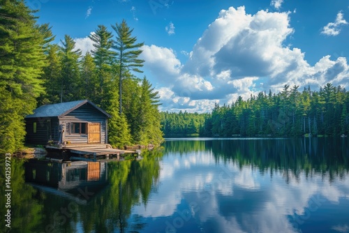 Obraz na płótnie Peaceful cabin nestled on a serene lake, surrounded by lush forest under a vibrant blue sky w salonie