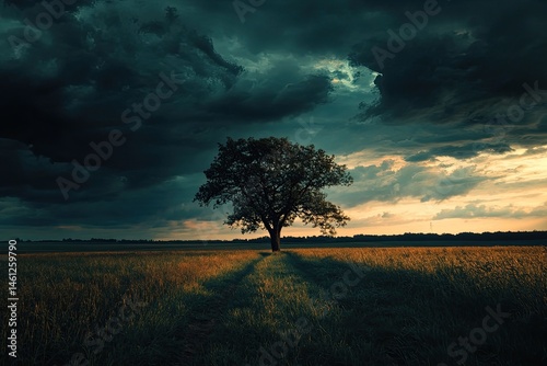 Obraz na płótnie A solitary tree stands amidst a field as a dramatic storm clouds gather overhead w salonie