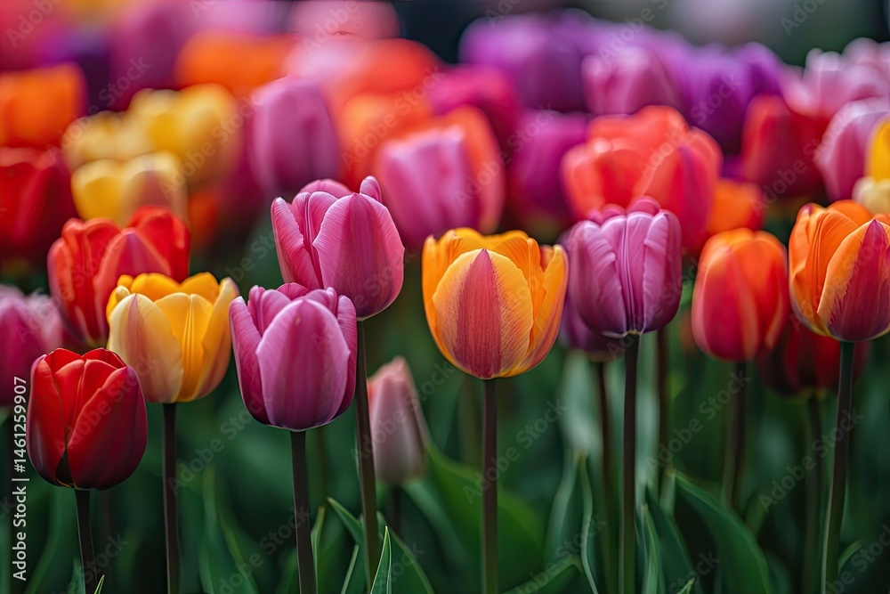 Vibrant tulip field in full bloom. Colorful blossoms of various shades of pink, orange, red, and yellow