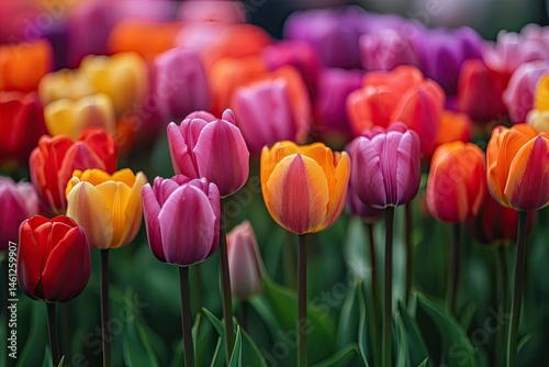 Vibrant tulip field in full bloom.  Colorful blossoms of various shades of pink, orange, red, and yellow