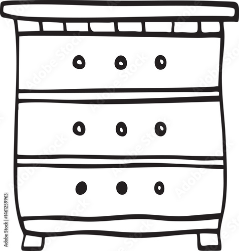 A simple stylized dresser with three drawers stands upright.