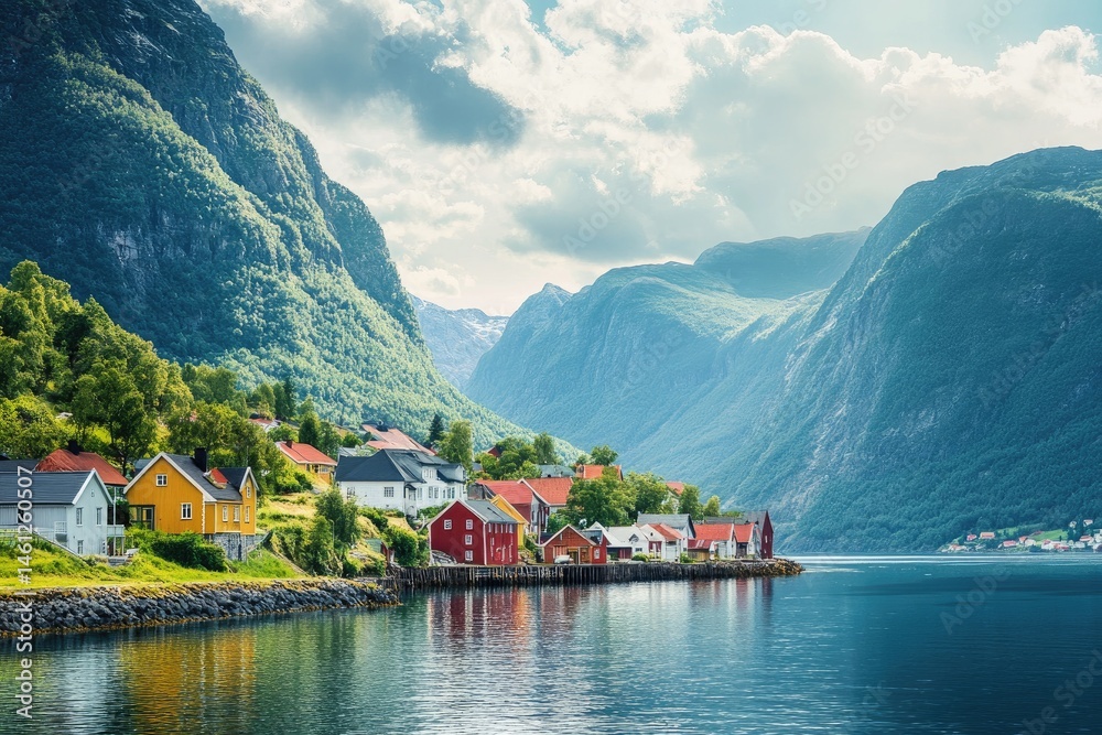 Picturesque fjord village nestled between dramatic mountains. Vibrant colored homes line the tranquil waterway. Lush greenery surrounds the village