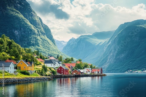 Obraz na płótnie Picturesque fjord village nestled between dramatic mountains. Vibrant colored homes line the tranquil waterway. Lush greenery surrounds the village w salonie