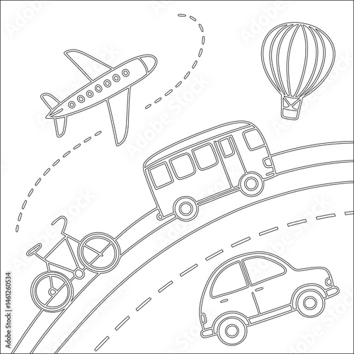 Transportation icons set vector illustration features a collection of transport symbols including car, truck, bus, plane, train, ship, bike, and helicopter for travel and vehicle design