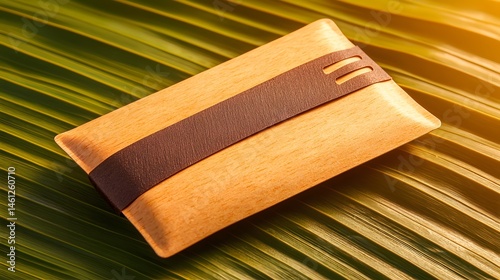 Beige Cutlery Wrap Mockup on Green Leaf Background