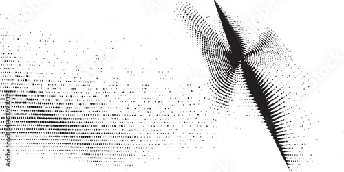 A dynamic black and white wave emanates from a central point.
