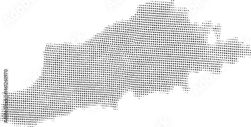 A detailed textured map displays a mountainous region with intricate dot