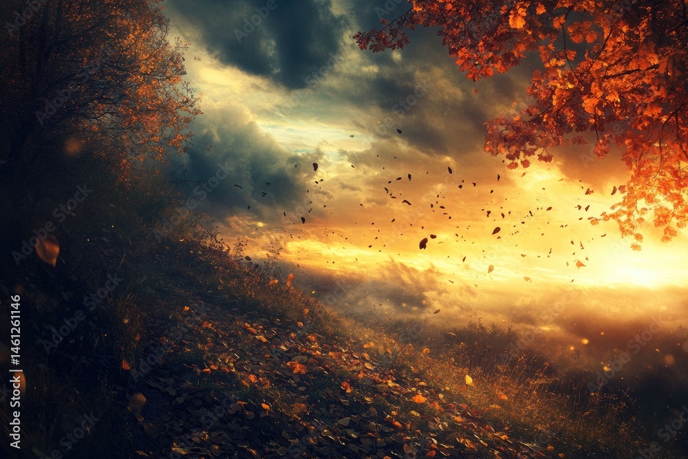 Autumnal vista of a hilltop with vibrant colors, leaves, and stormy clouds. Sunset paints a majestic scene