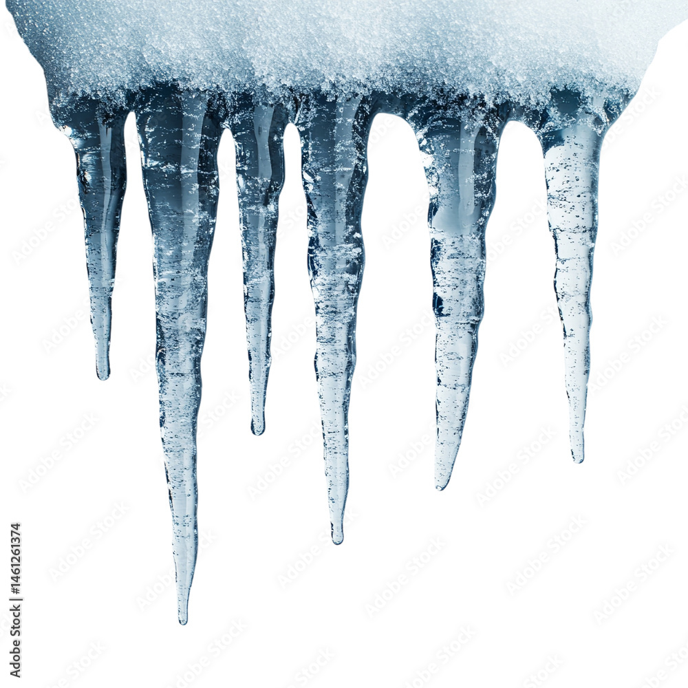 Fototapeta premium Png of Beautiful icicles hanging delicately from a snowy roof, capturing the winter season's beauty and chill.