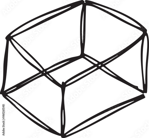 A simple outlined cube stands prominently on a white background.