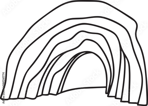 A stylized layered rock archway forms a dramatic entrance.
