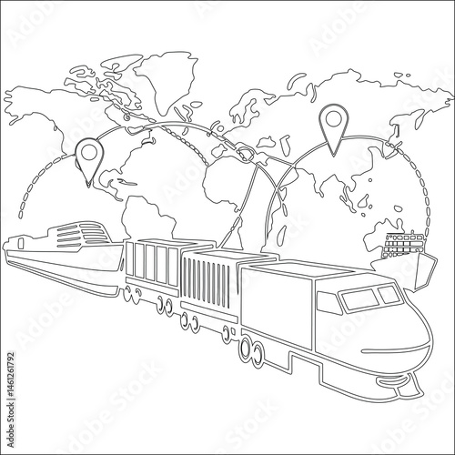 A cartoon vector illustration shows a train for transportation and travel on a city road under a blue sky with a house and trees in the landscape