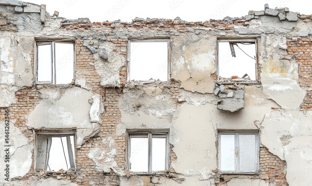 Fototapeta premium Dilapidated Building Facade Grey and Brown Ruined Wall with Empty Window Frames