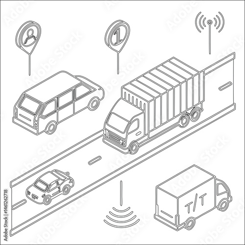 A vector illustration set showcases isometric car, truck, bus, and van icons for city transport and delivery