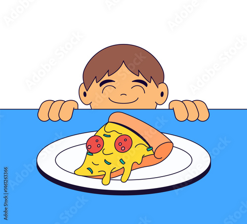  boy peeks over a blue table, smiling eagerly at a slice of cheesy pepperoni pizza on a white plate cartoon vector hand drawn illustration moment of food joy and anticipation