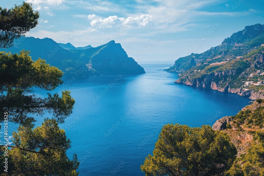 Coastal vista of azure waters, rugged mountains, and lush greenery