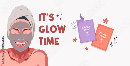 Vector illustration of a smiling woman wearing a clay face mask with towel on her head, accompanied by skincare sachets and text "It's Glow Time." Perfect for wellness, skincare, and beauty concepts