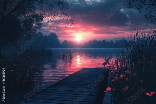Obraz na płótnie Serene sunset over tranquil lake. Wooden dock leads into the mist w salonie