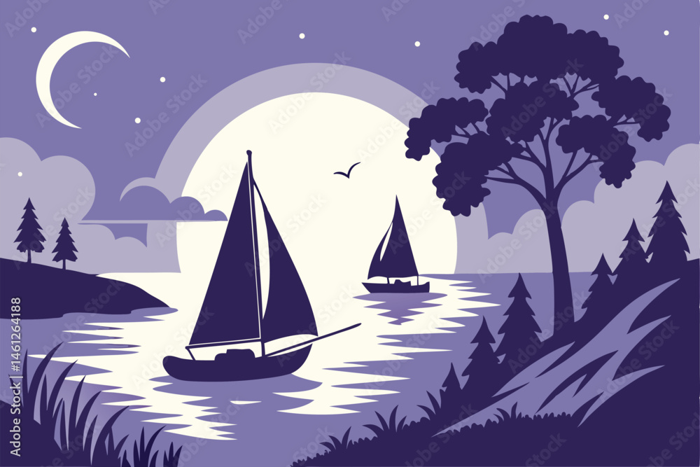 Naklejka premium 51 Moonlit seascape, silhouette sailboats, purple and blue tones, ethereal atmosphere, calm waters, reflection, stylized clouds, minimalist design, dreamy night scene, full moon with craters, geometri