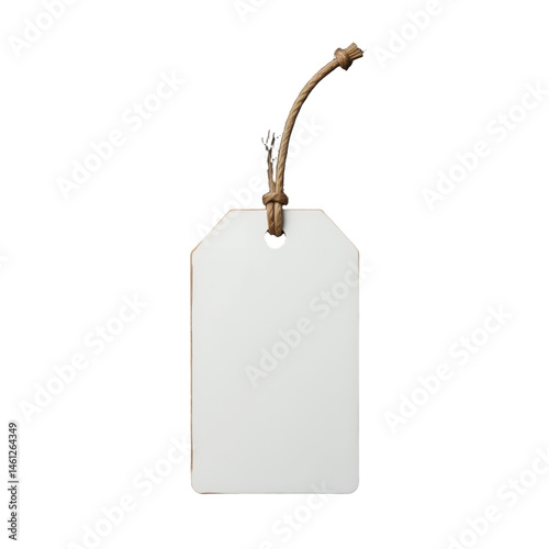 A blank white tag with a string looped through a hole at the top