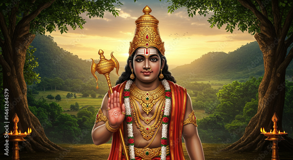 Lord Ayyappa in Serene Landscape