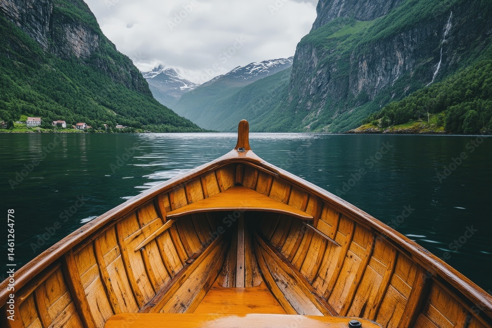 Wooden boat on a fjord, serene, mountains, water