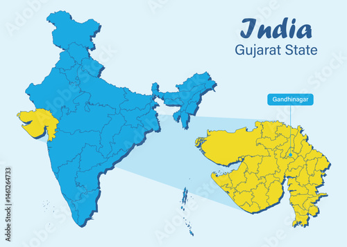 Map showing India with Gujarat highlighted, including all districts and capital city, Gandhinagar. Gujarat political and geographical map. Gujarat District vector map illustration.