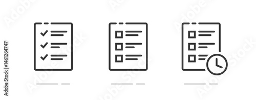 Checklist document line stroke simple icon graphic set, thin outline linear check list test exam paper form with clock time, quiz report note survey sign symbol, to do deadline pictogram logo clip art